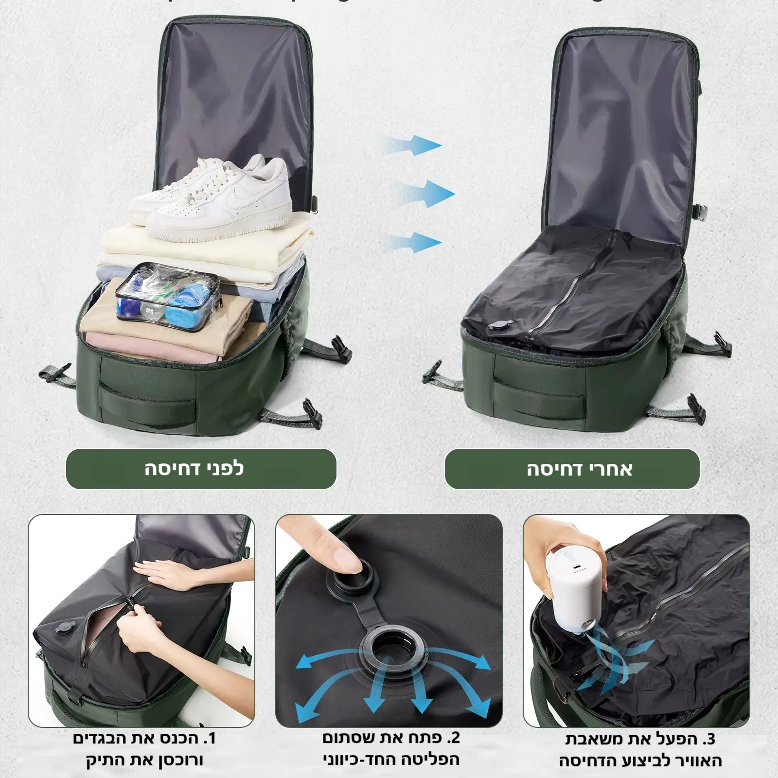 סטפ קאמפורתבלי וויק פאק - תיק גב דחיסת ואקום שמאפשר לך לקחת יותר בפחות מקום